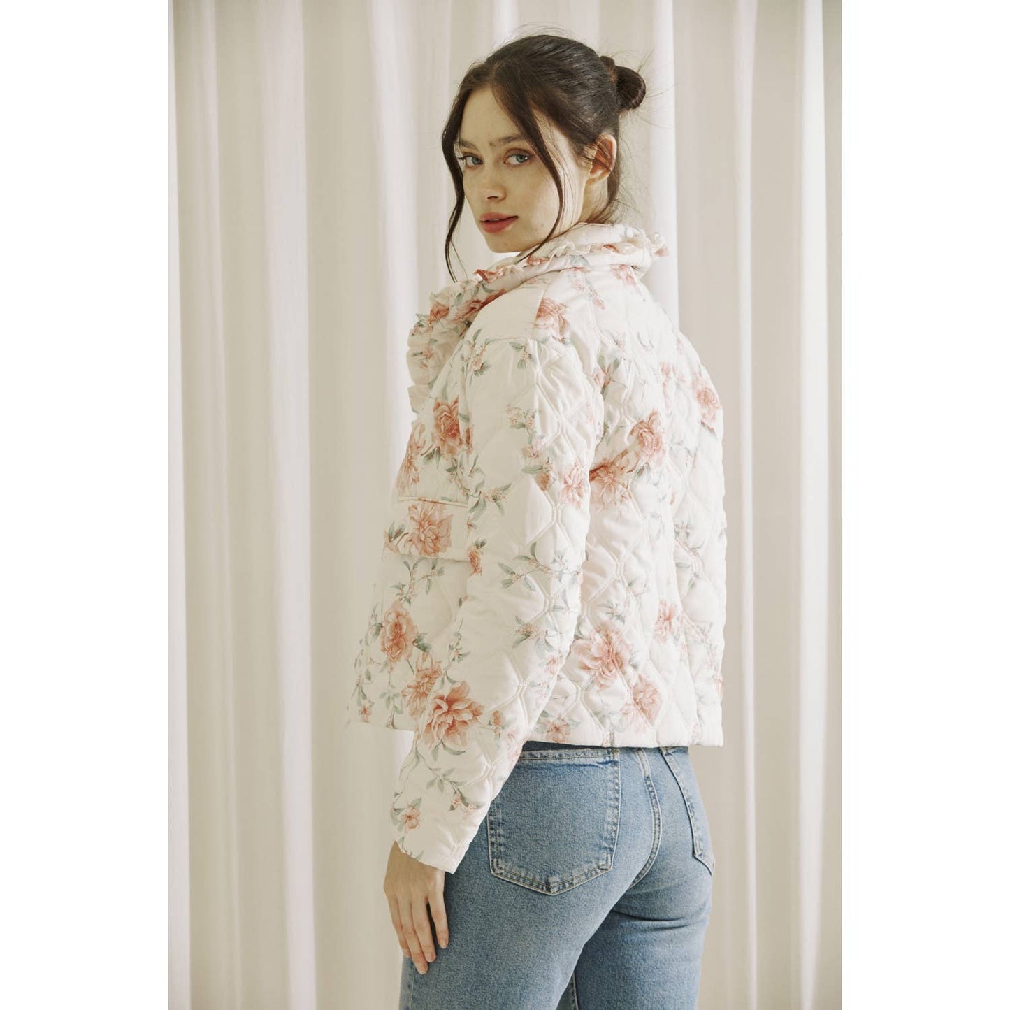 Rose Print Quilted Puff Jacket