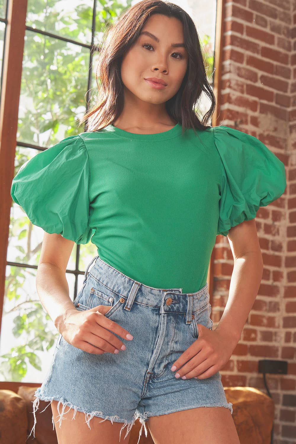 Solid Big Puff Sleeve Bodysuit