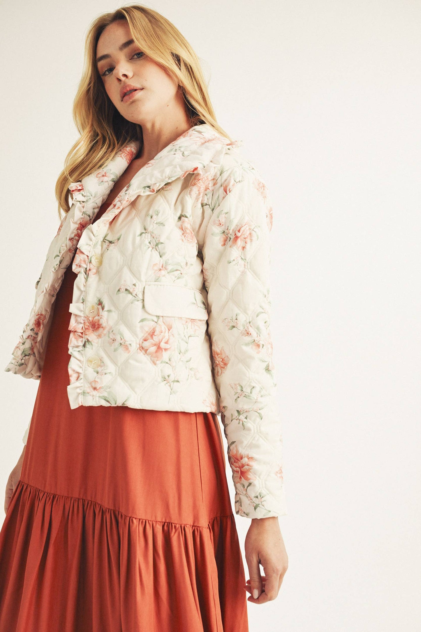 Rose Print Quilted Puff Jacket