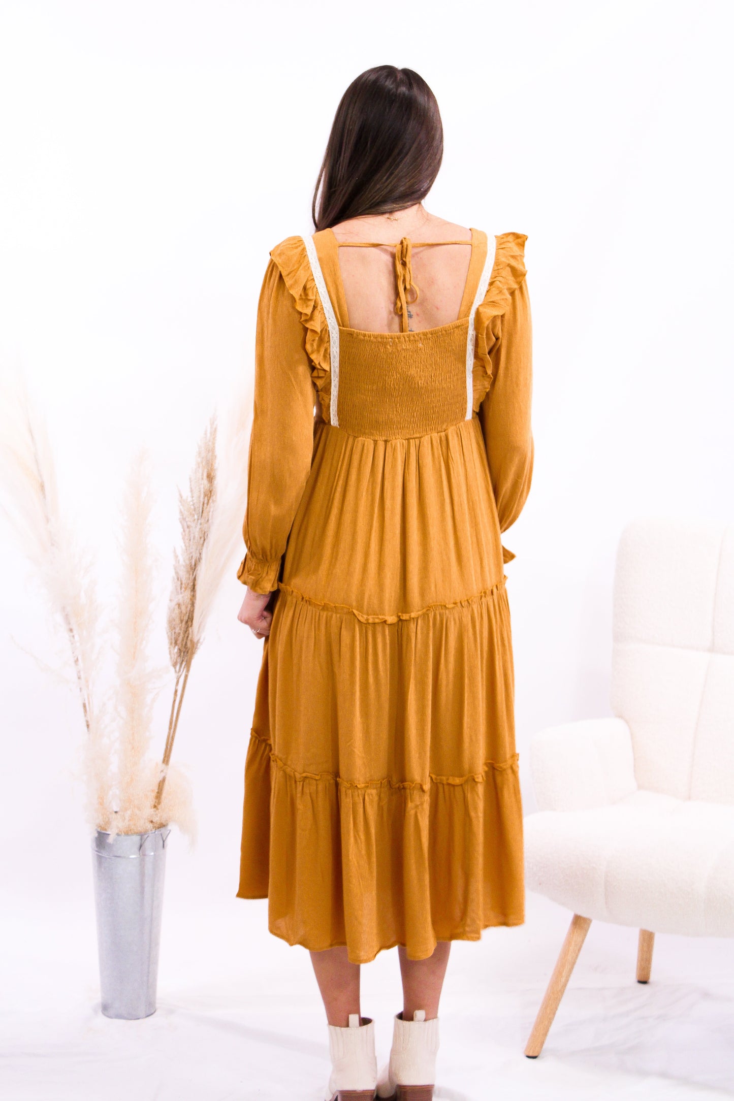 Mustard Midi Dress (Ruffle Shoulders + Tiered Skirt)