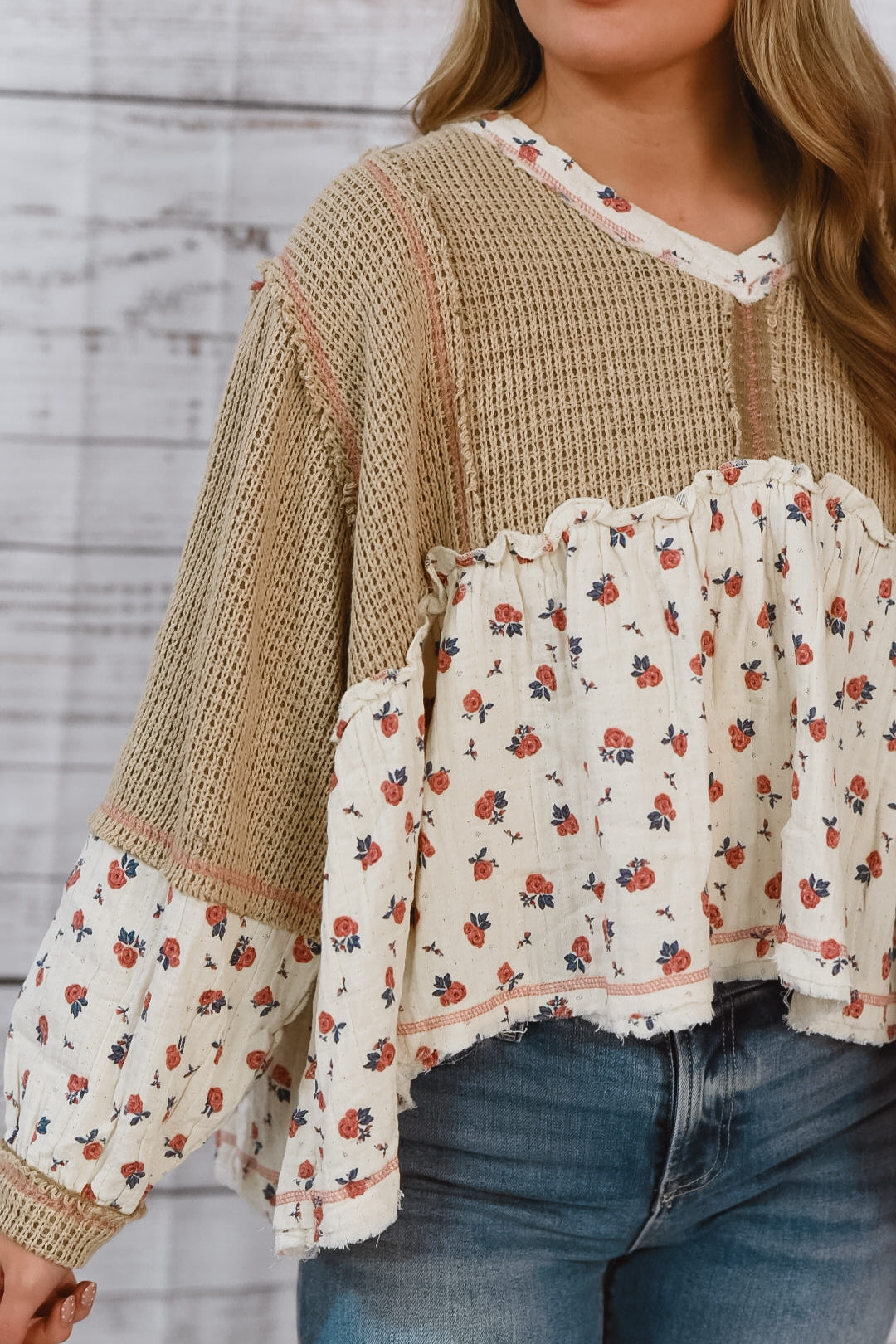 New Beginnings Tan And Ivory Floral Top