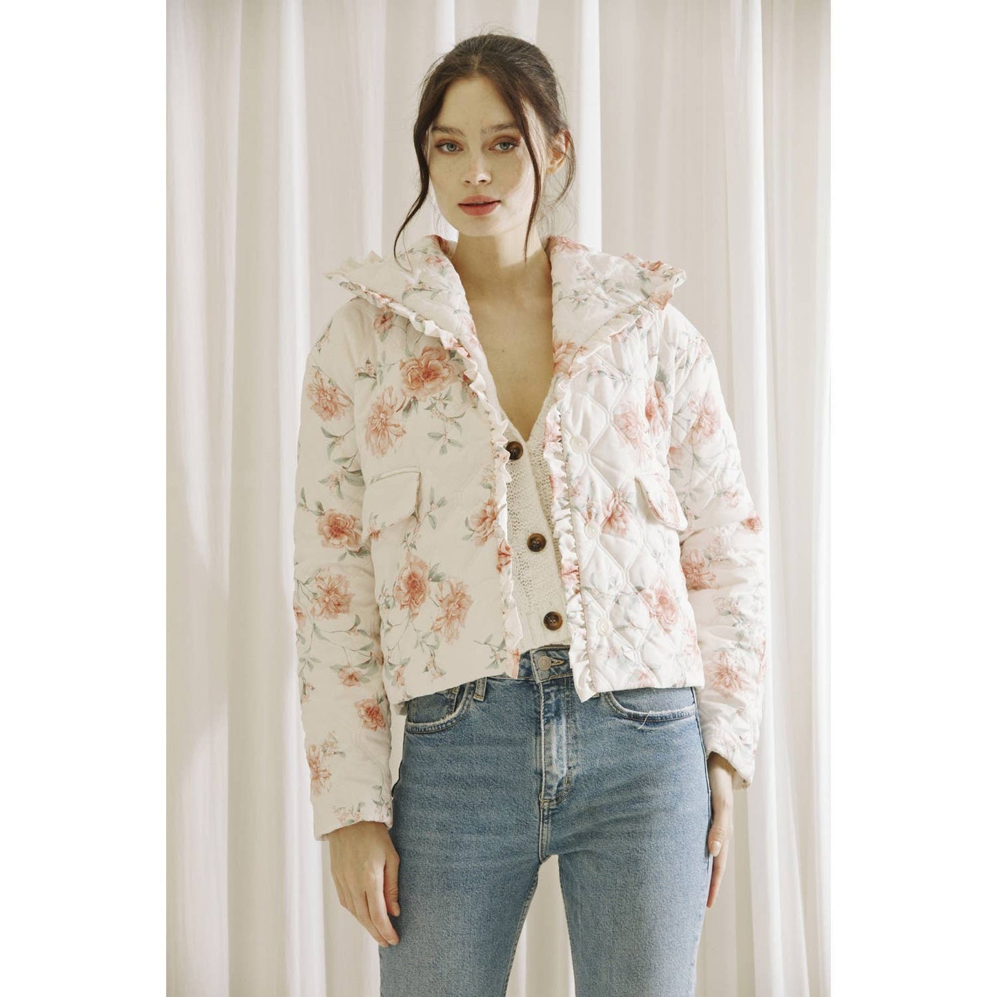 Rose Print Quilted Puff Jacket