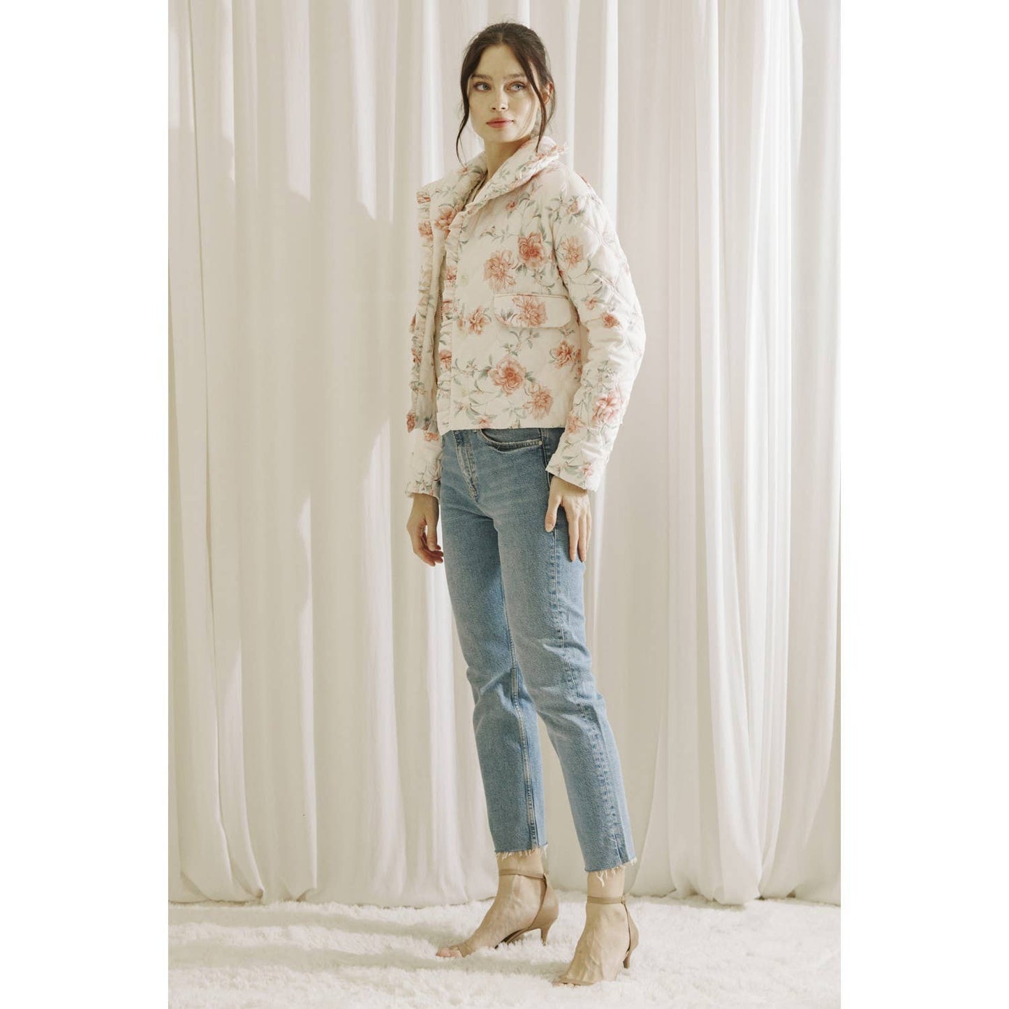 Rose Print Quilted Puff Jacket