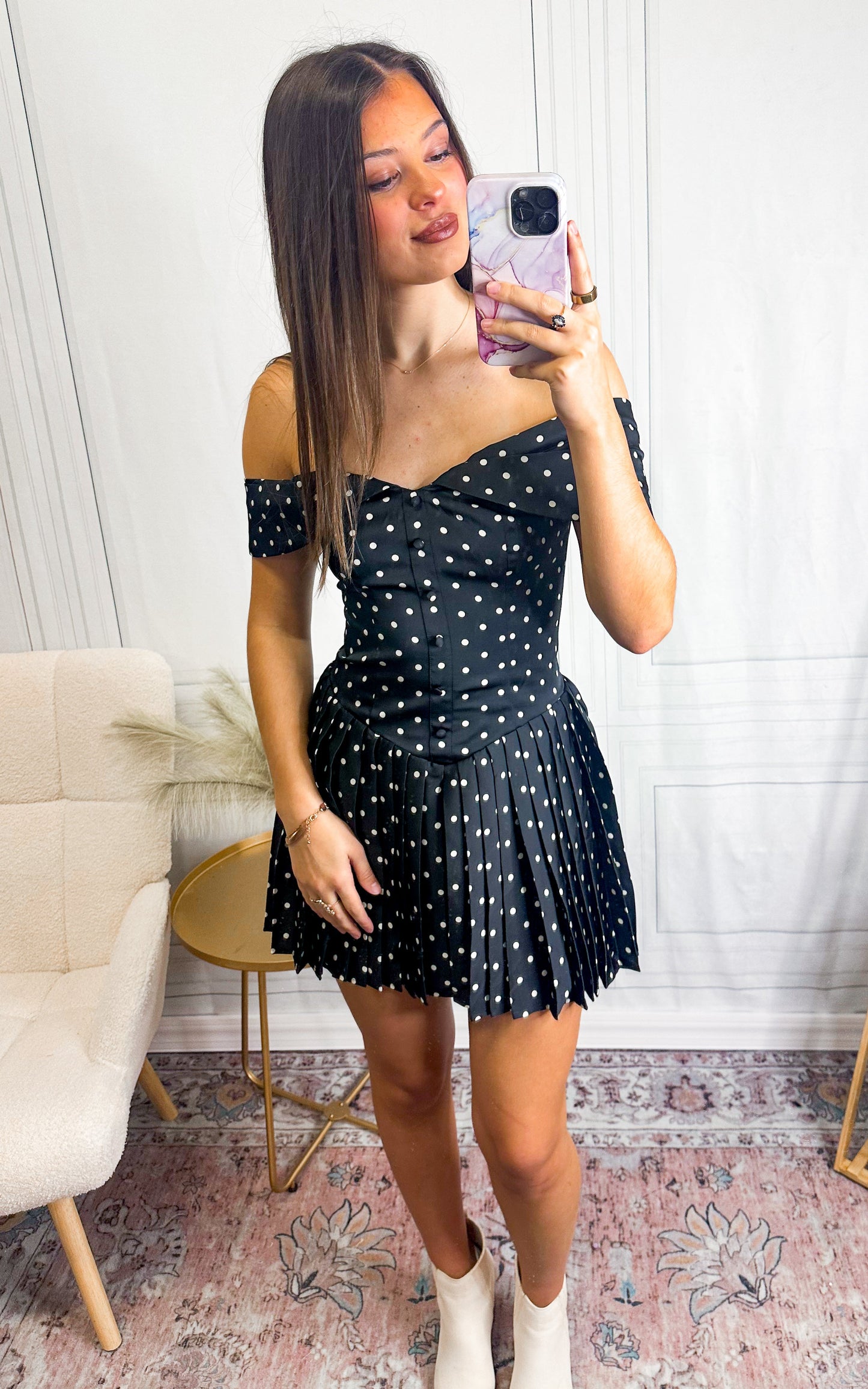 Midnight Polka Dot Off-Shoulder Mini Dress