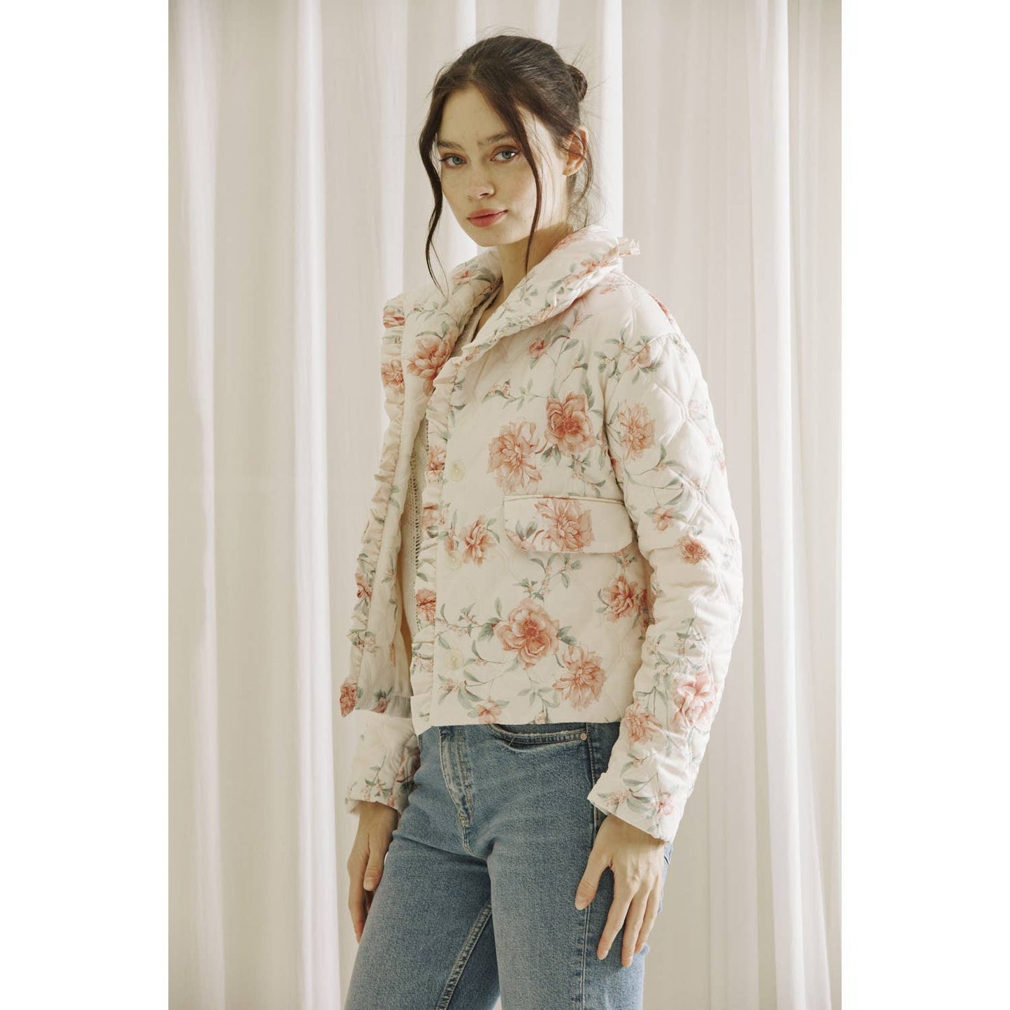Rose Print Quilted Puff Jacket