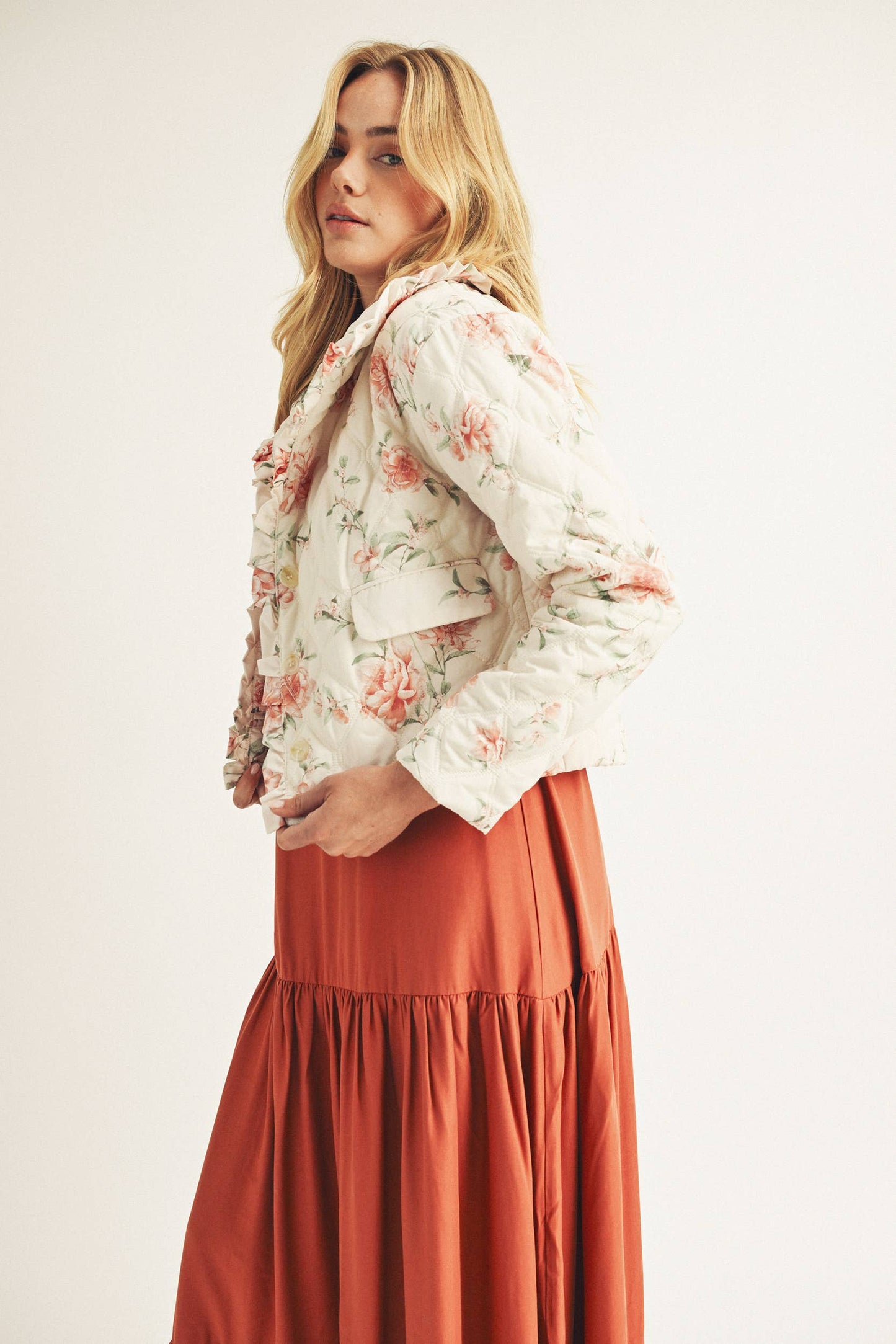 Rose Print Quilted Puff Jacket