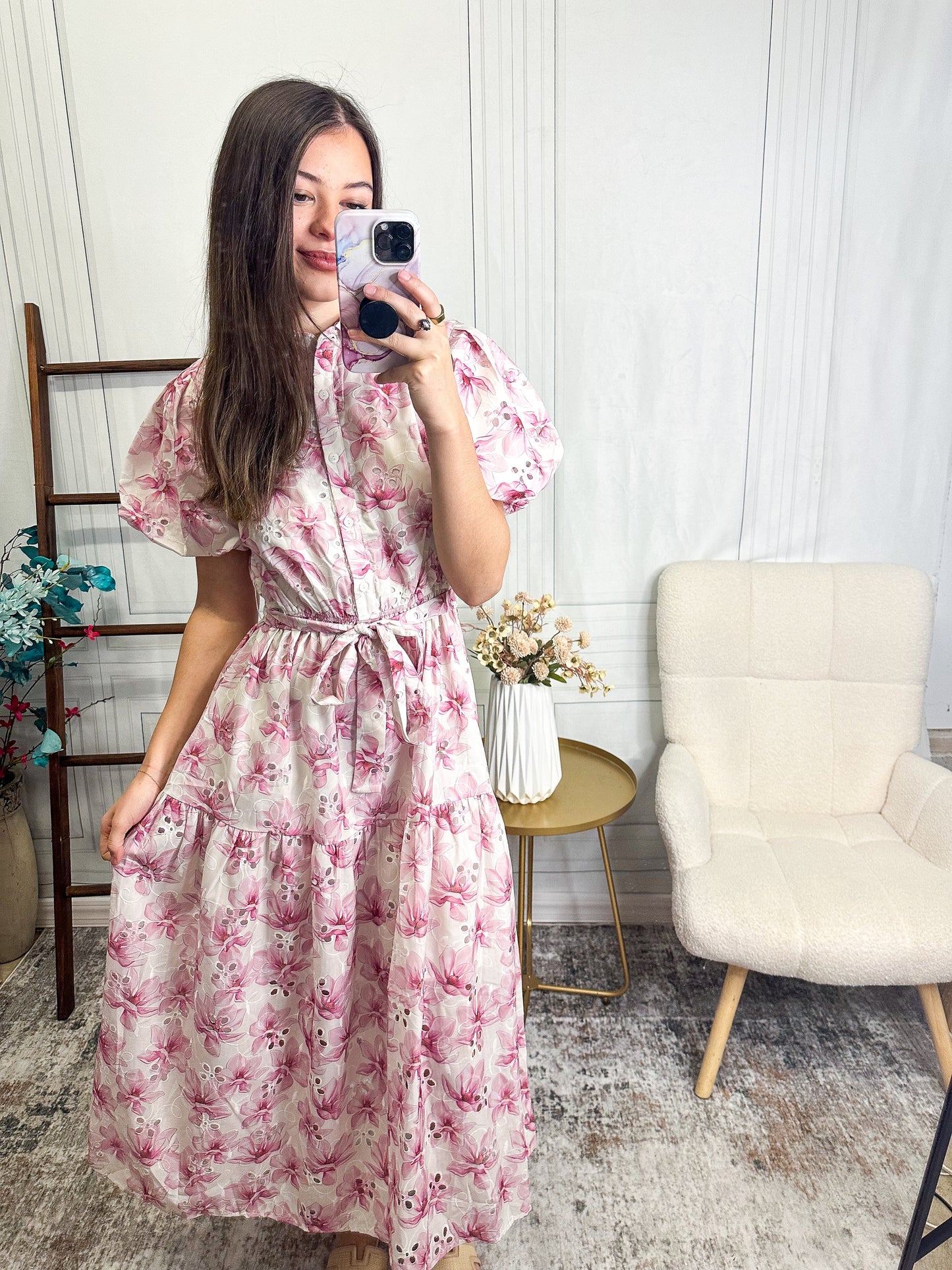 Blushing Garden Tie Waist Floral Midi Dress