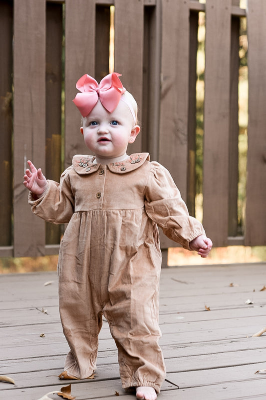 Tan Floral Embroidered Corduroy Girl Romper