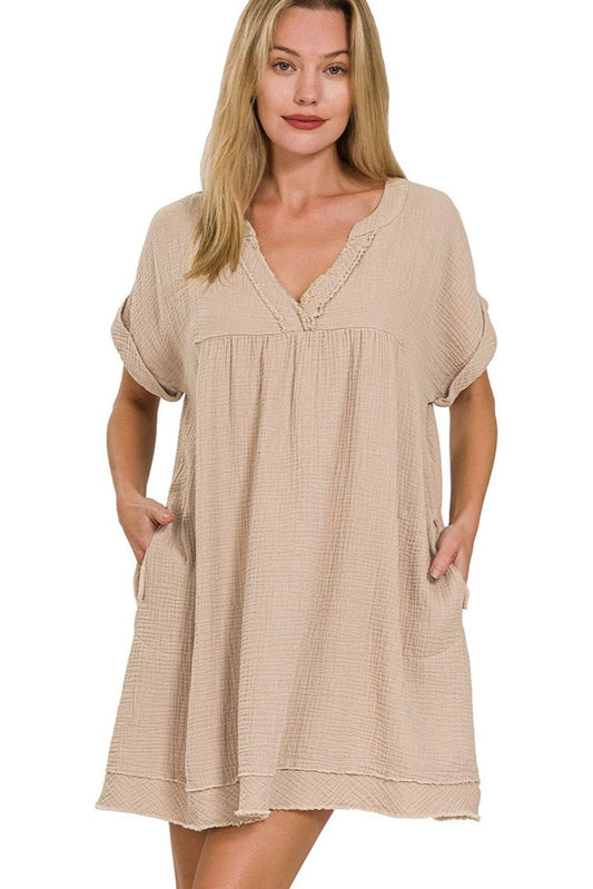 Double Gauze Raw Edge V-Neck Dress