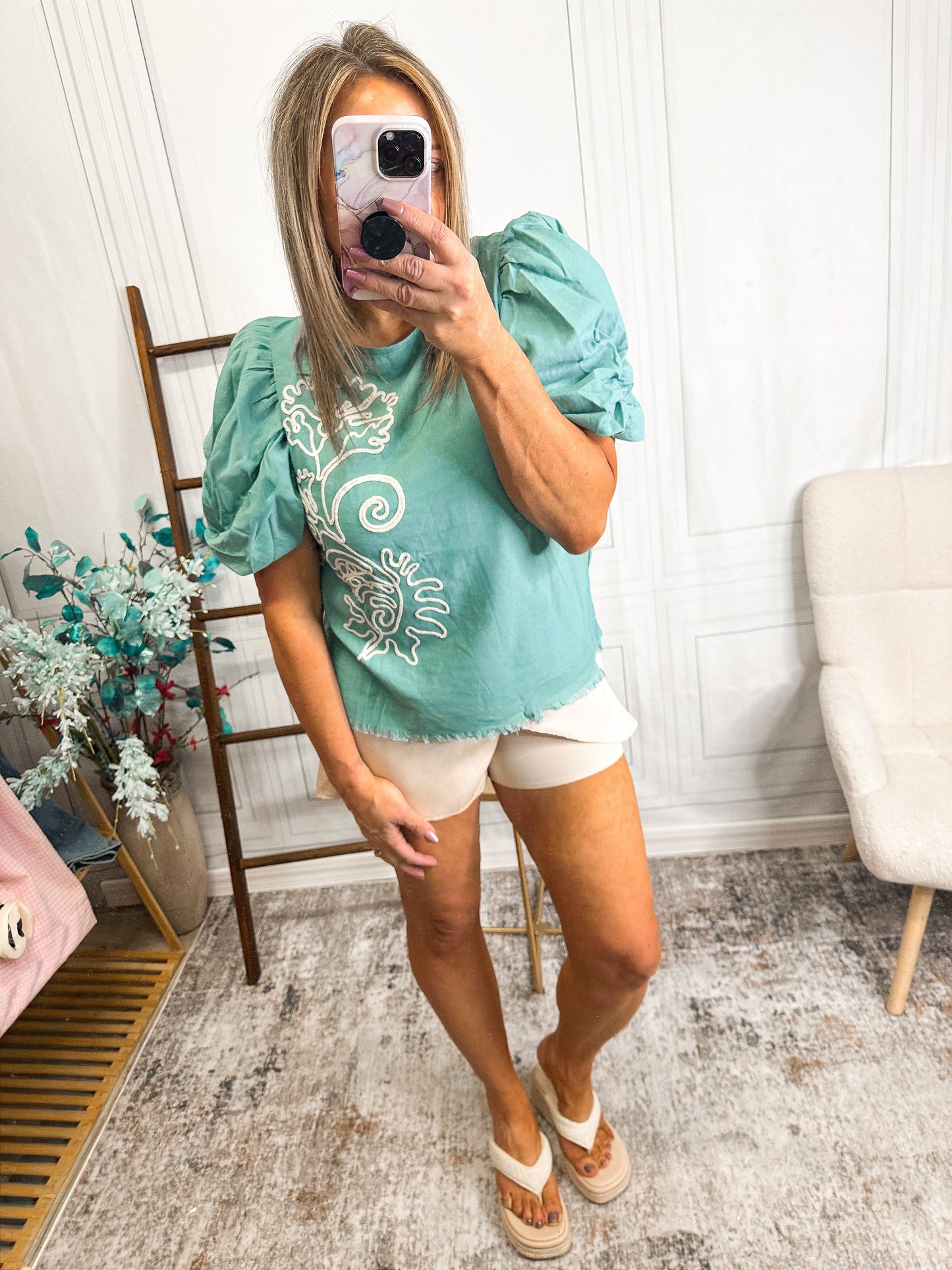 Seafoam Statement Puff Sleeve Top