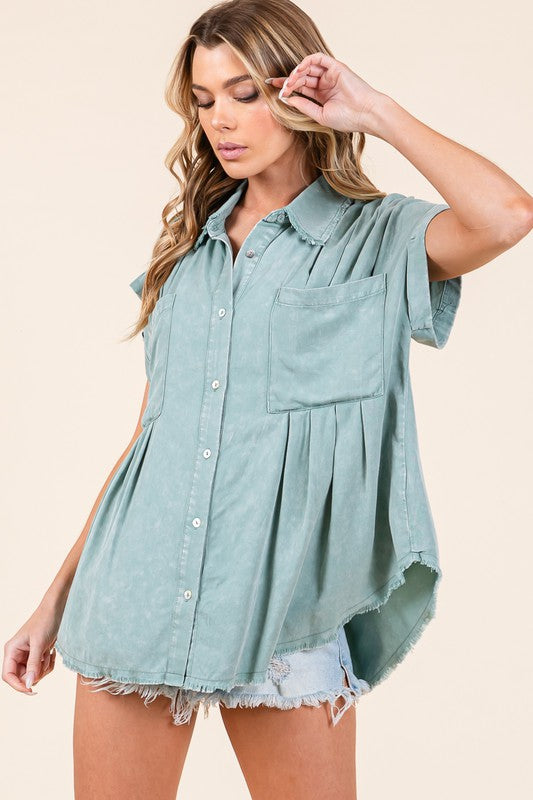 Mineral Washed Pleated Button Down Top