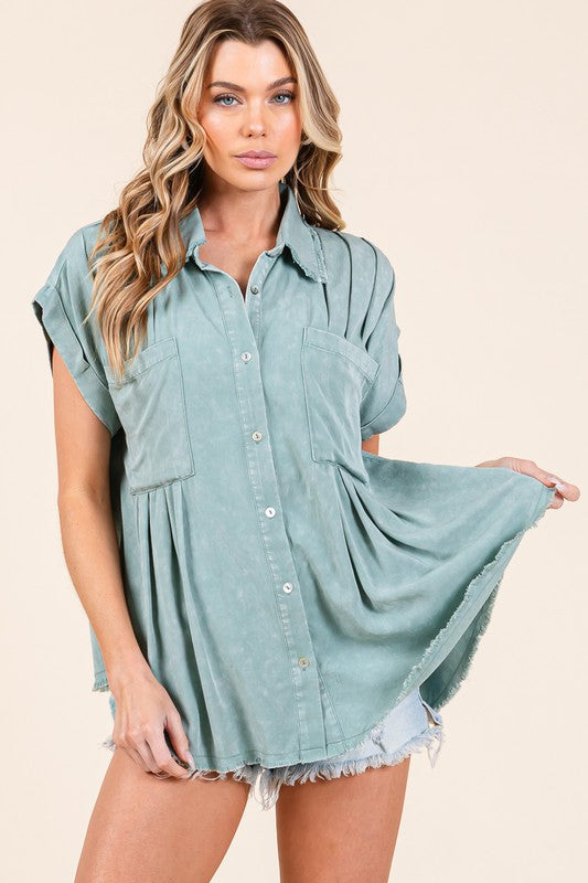 Mineral Washed Pleated Button Down Top