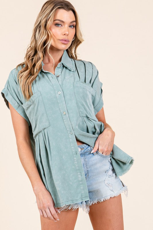 Mineral Washed Pleated Button Down Top