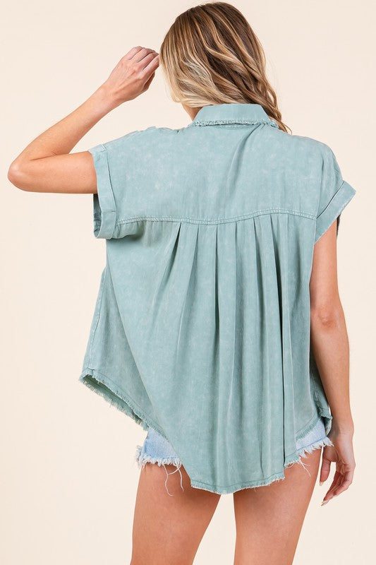 Mineral Washed Pleated Button Down Top