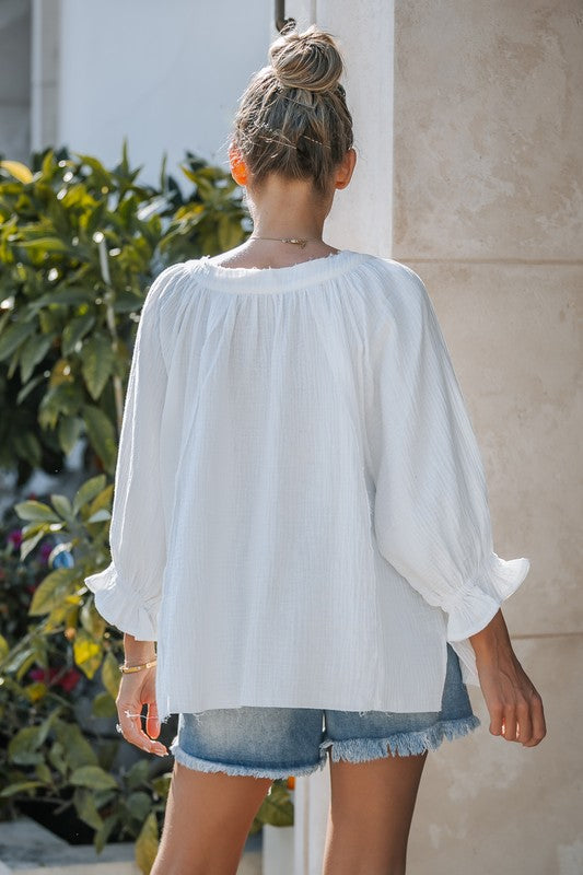 Ruffle Sleeve Cotton Top Blouse