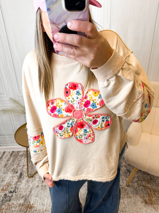 Petal Pop Floral Appliqué Pullover