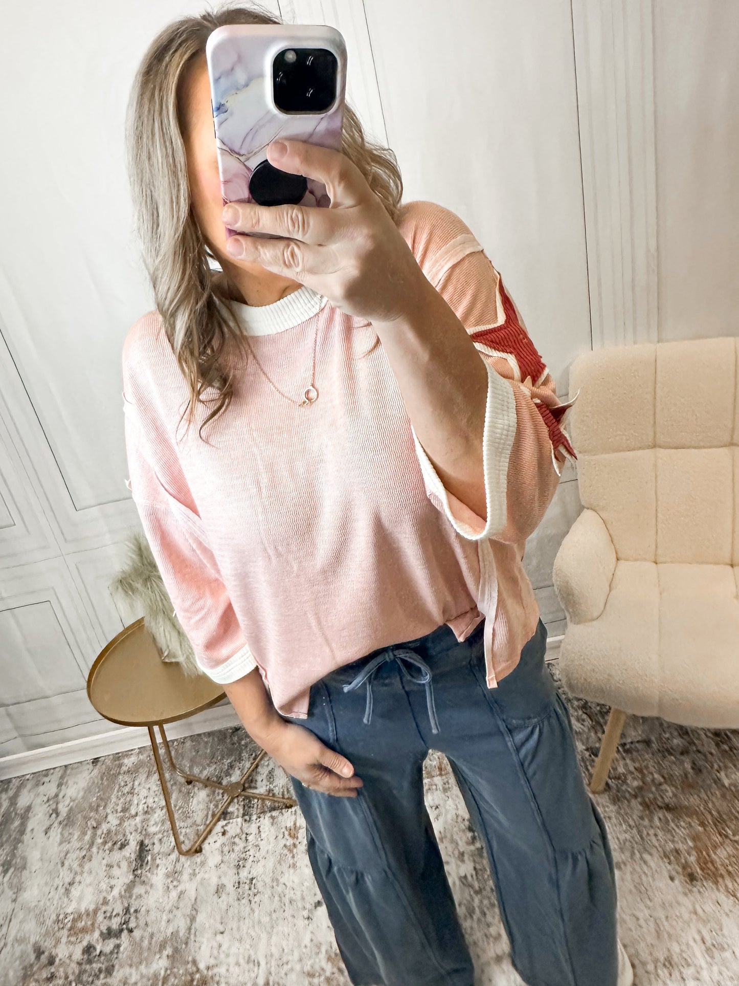 Soft Blush Colorblock Relaxed Fit Top