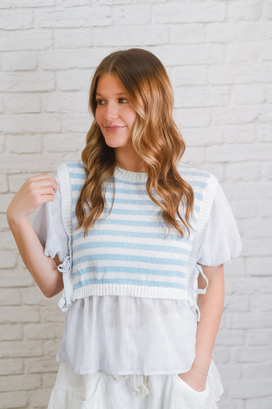 Blue Layered Knit Short Sleeve Top