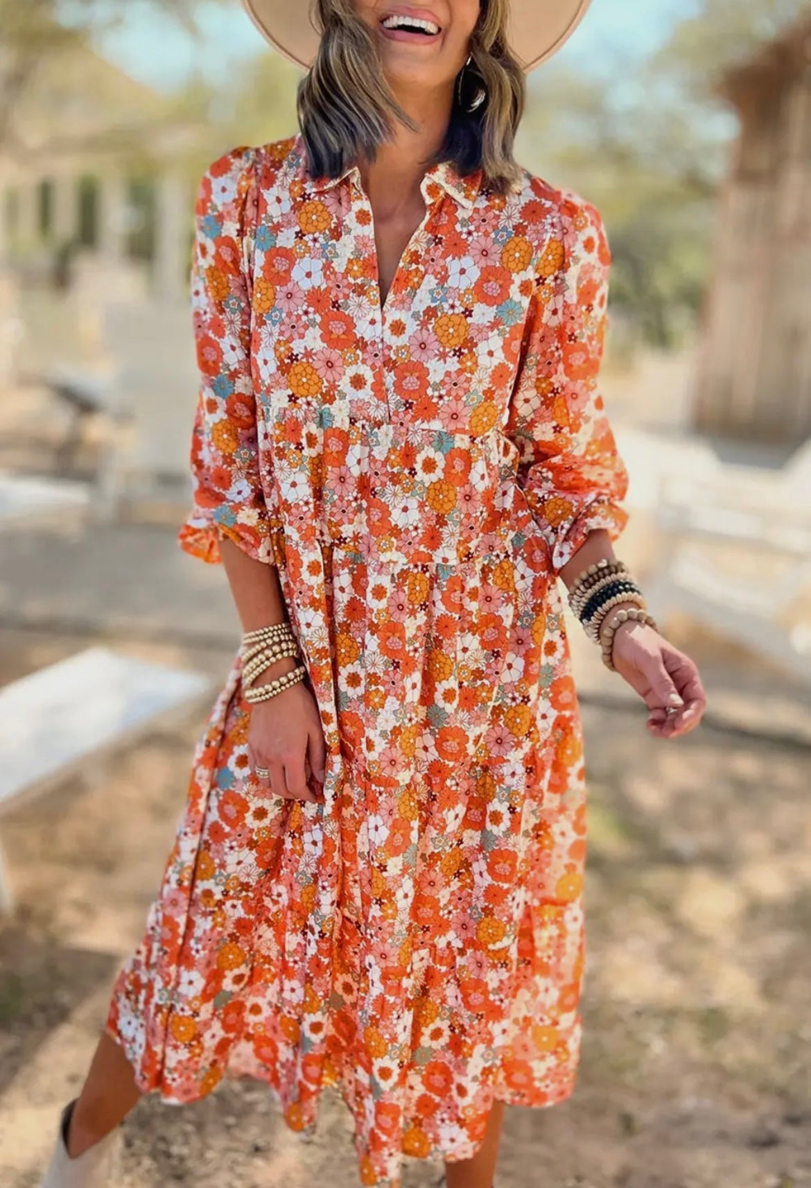 Multicolor Boho Floral Collared Long Sleeve Ruffled Dress