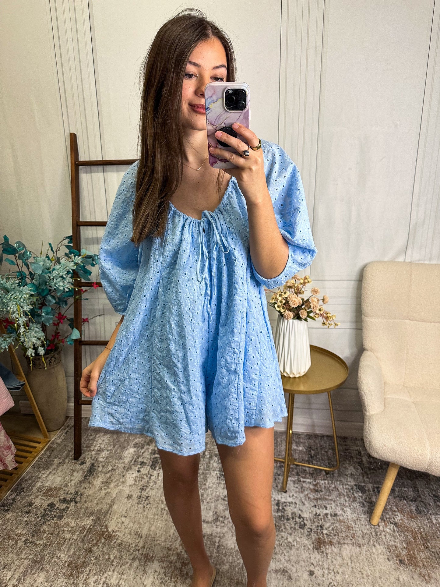 Sweet Breeze Eyelet Romper – Light Blue Babydoll Romper
