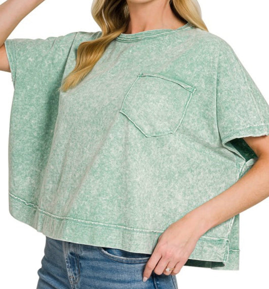 Laid-Back Sage Mineral Wash Cropped Pocket Tee