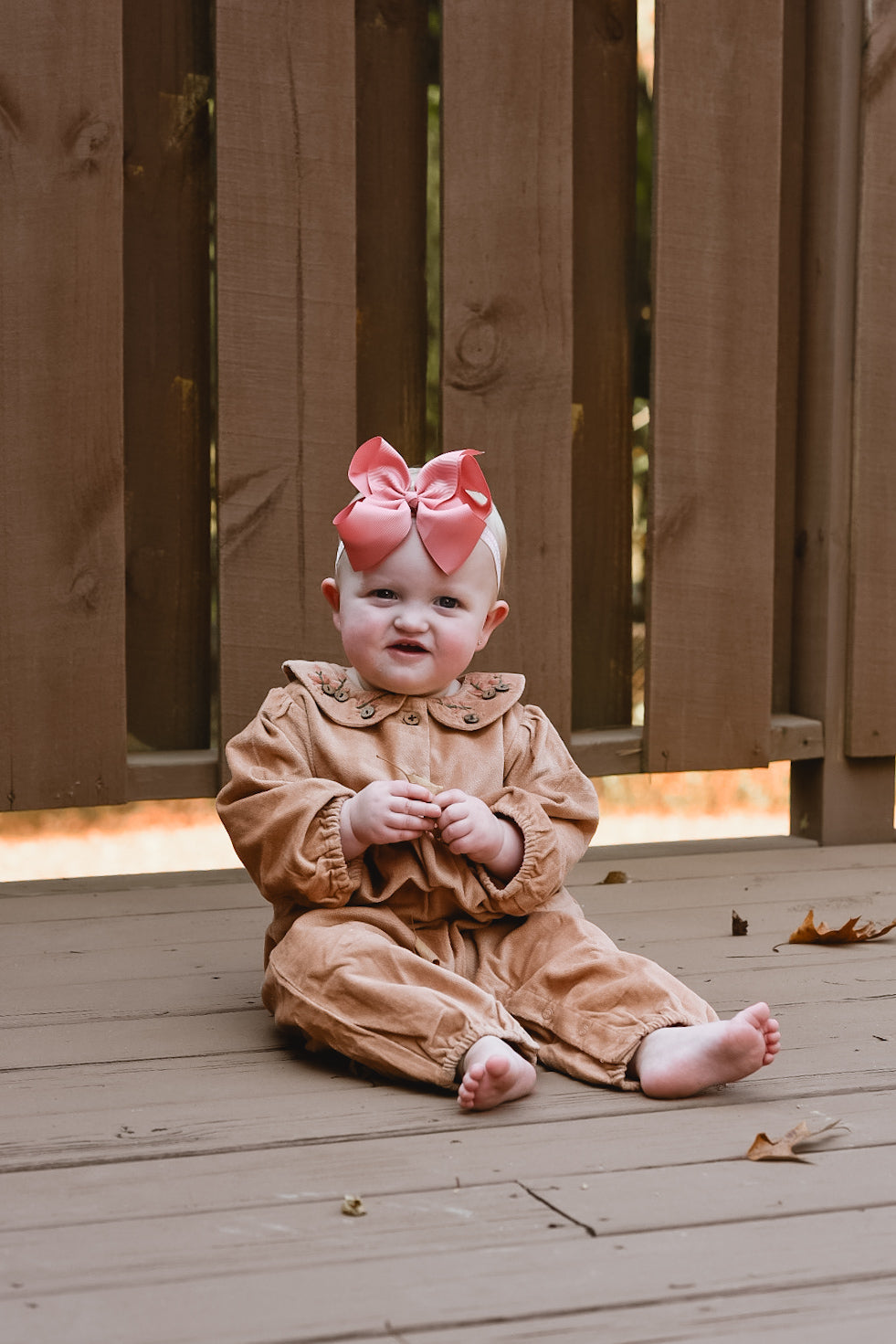 Tan Floral Embroidered Corduroy Girl Romper