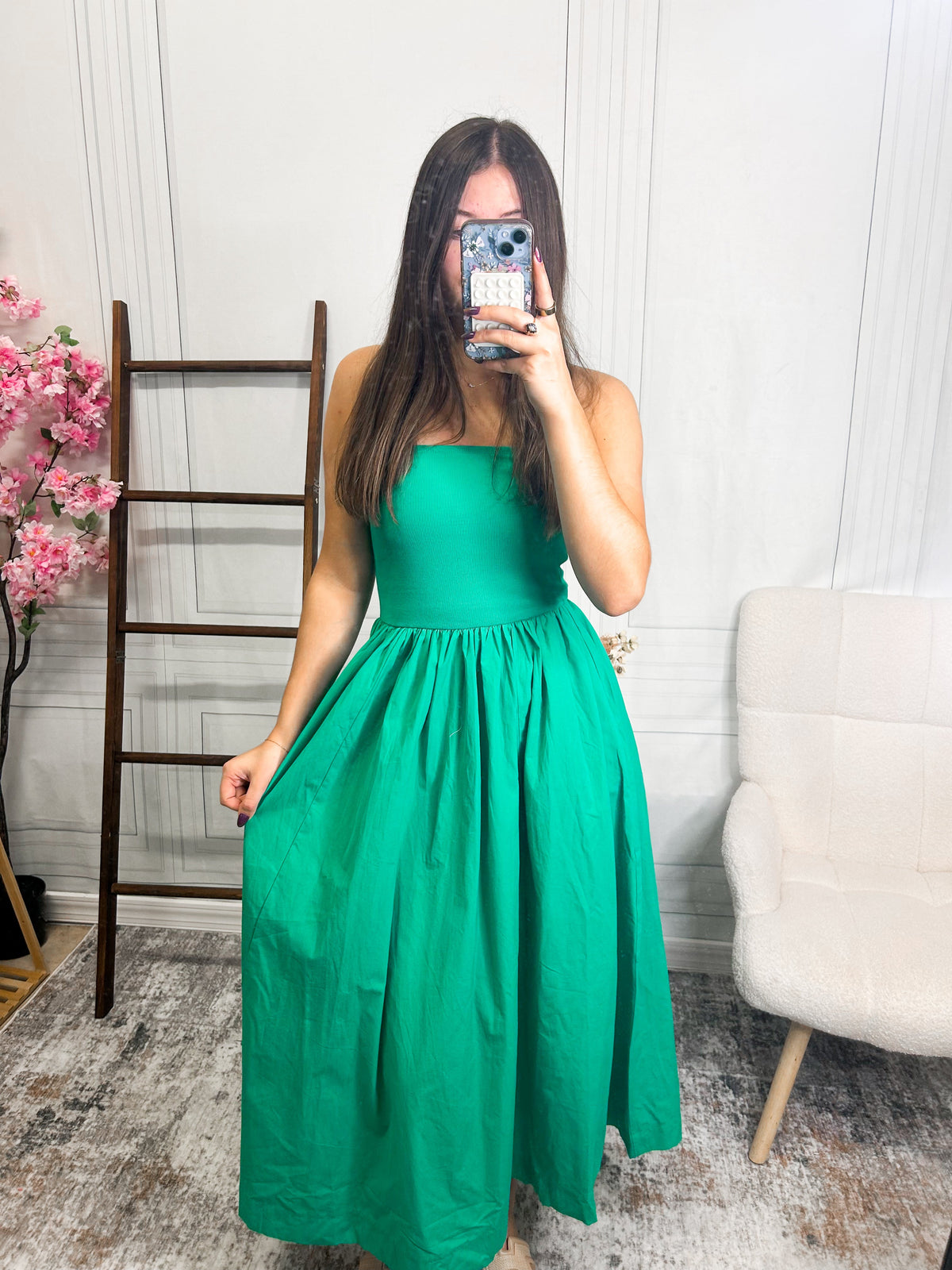 Emerald Garden Strapless Maxi Dress