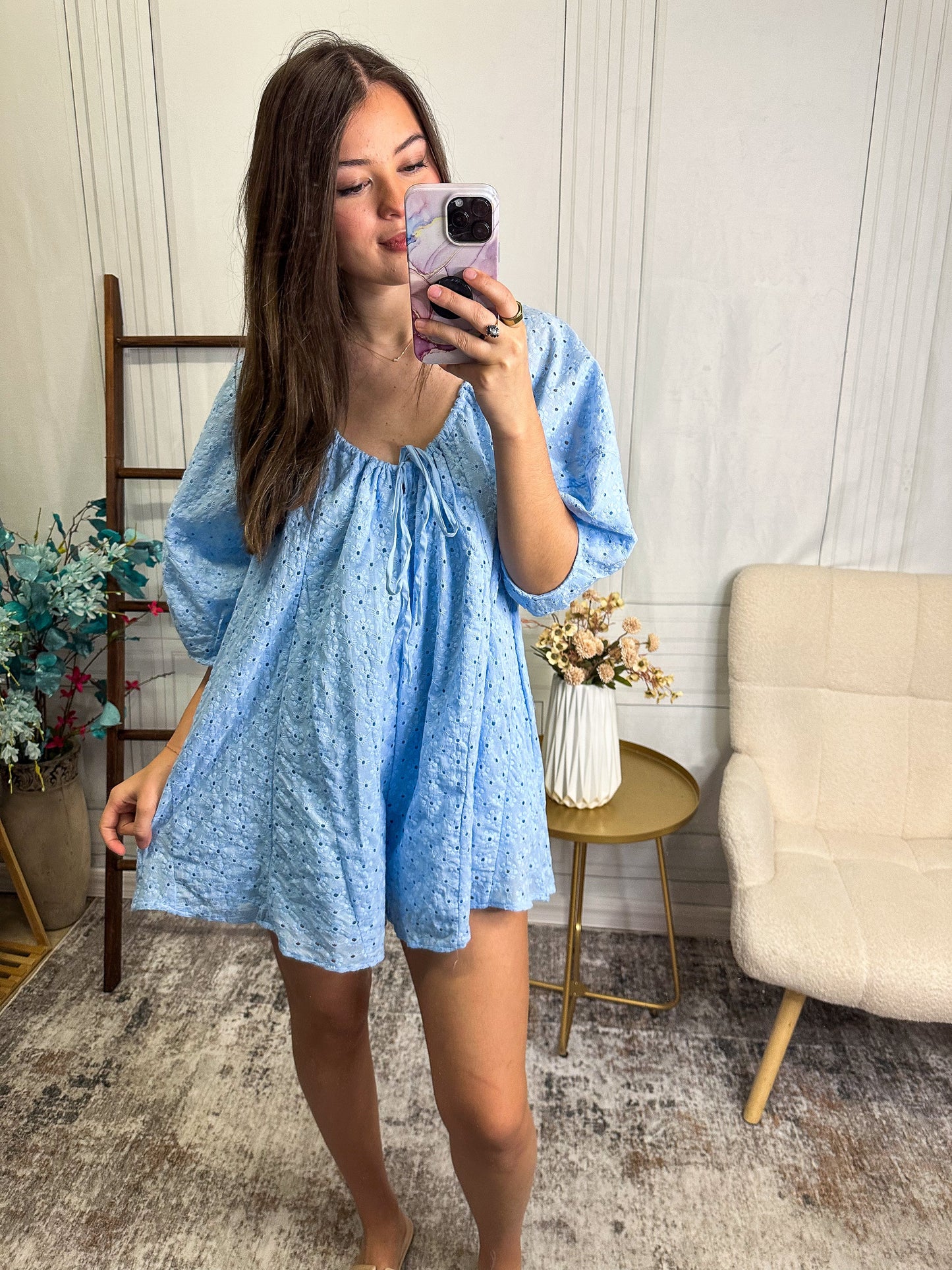 Sweet Breeze Eyelet Romper – Light Blue Babydoll Romper