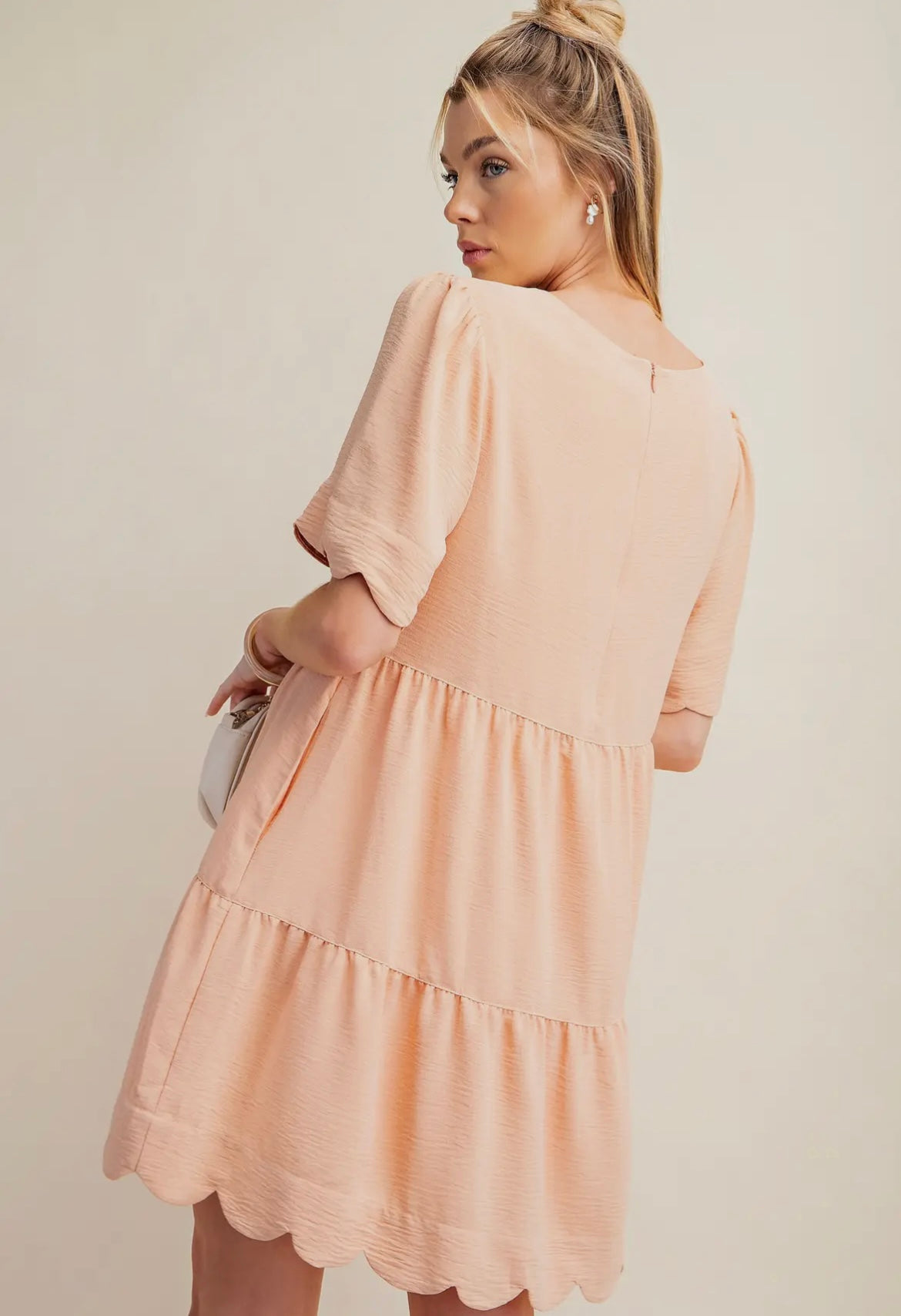 Sweet Linen Effect Babydoll Dress with Puff Sleeves and Back Zipper