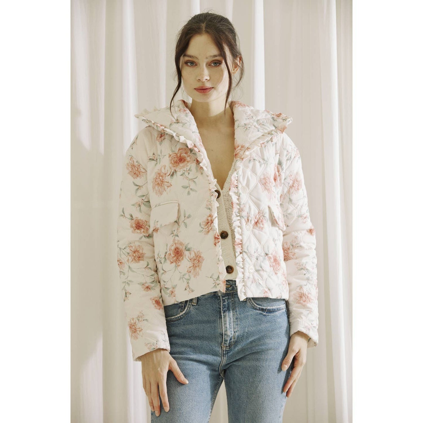 Rose Print Quilted Puff Jacket