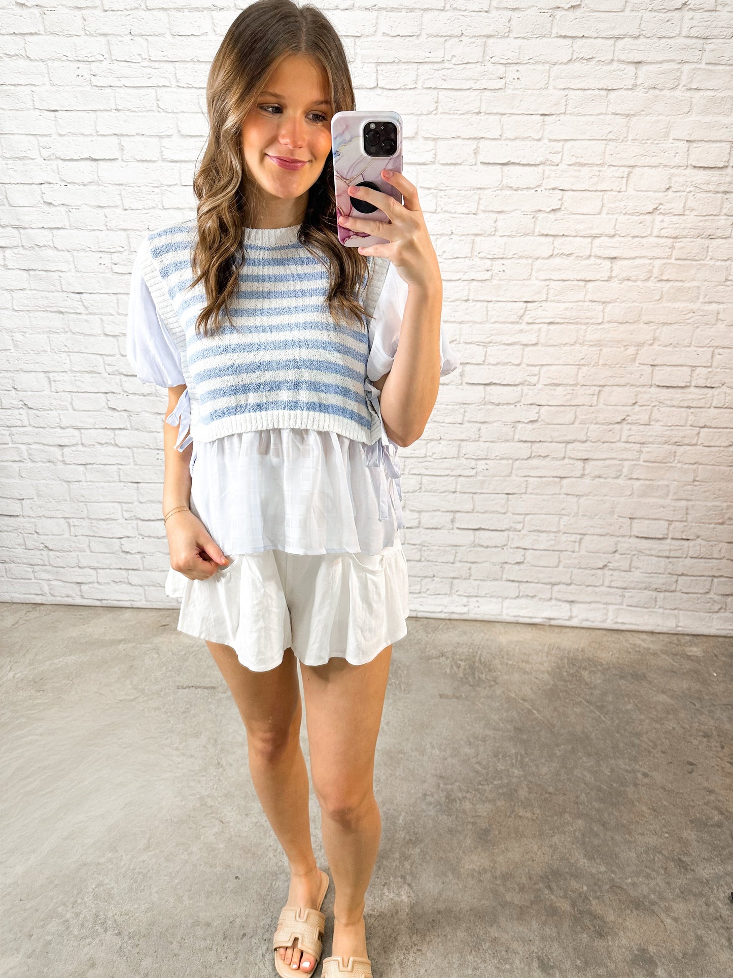 Blue Layered Knit Short Sleeve Top
