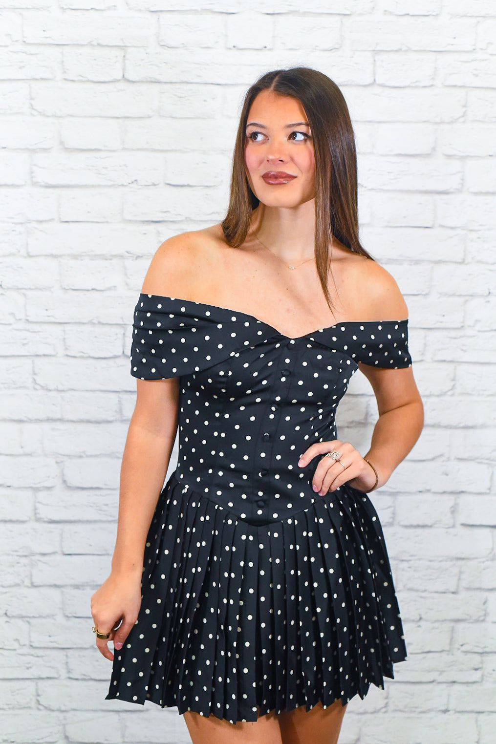Midnight Polka Dot Off-Shoulder Mini Dress