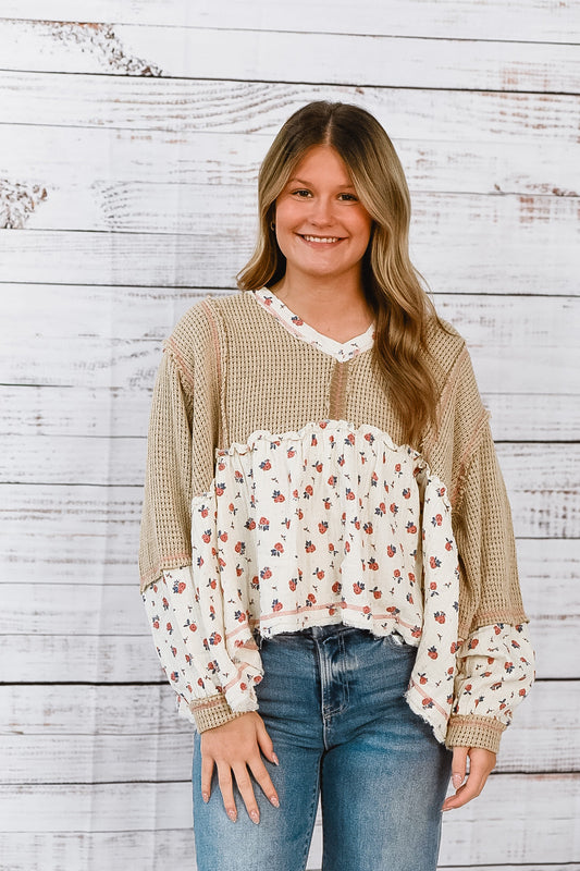 New Beginnings Tan And Ivory Floral Top
