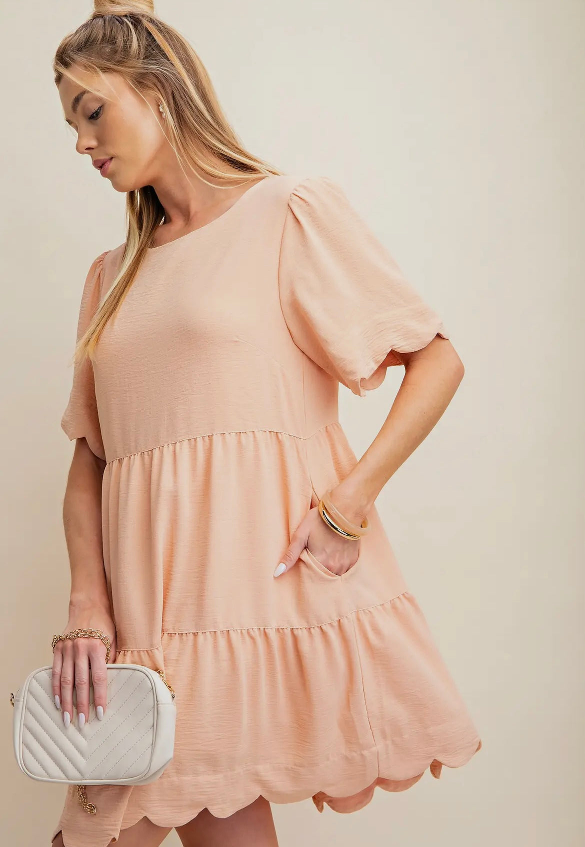 Sweet Linen Effect Babydoll Dress with Puff Sleeves and Back Zipper