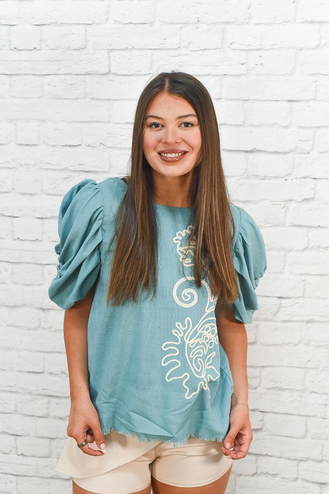 Seafoam Statement Puff Sleeve Top
