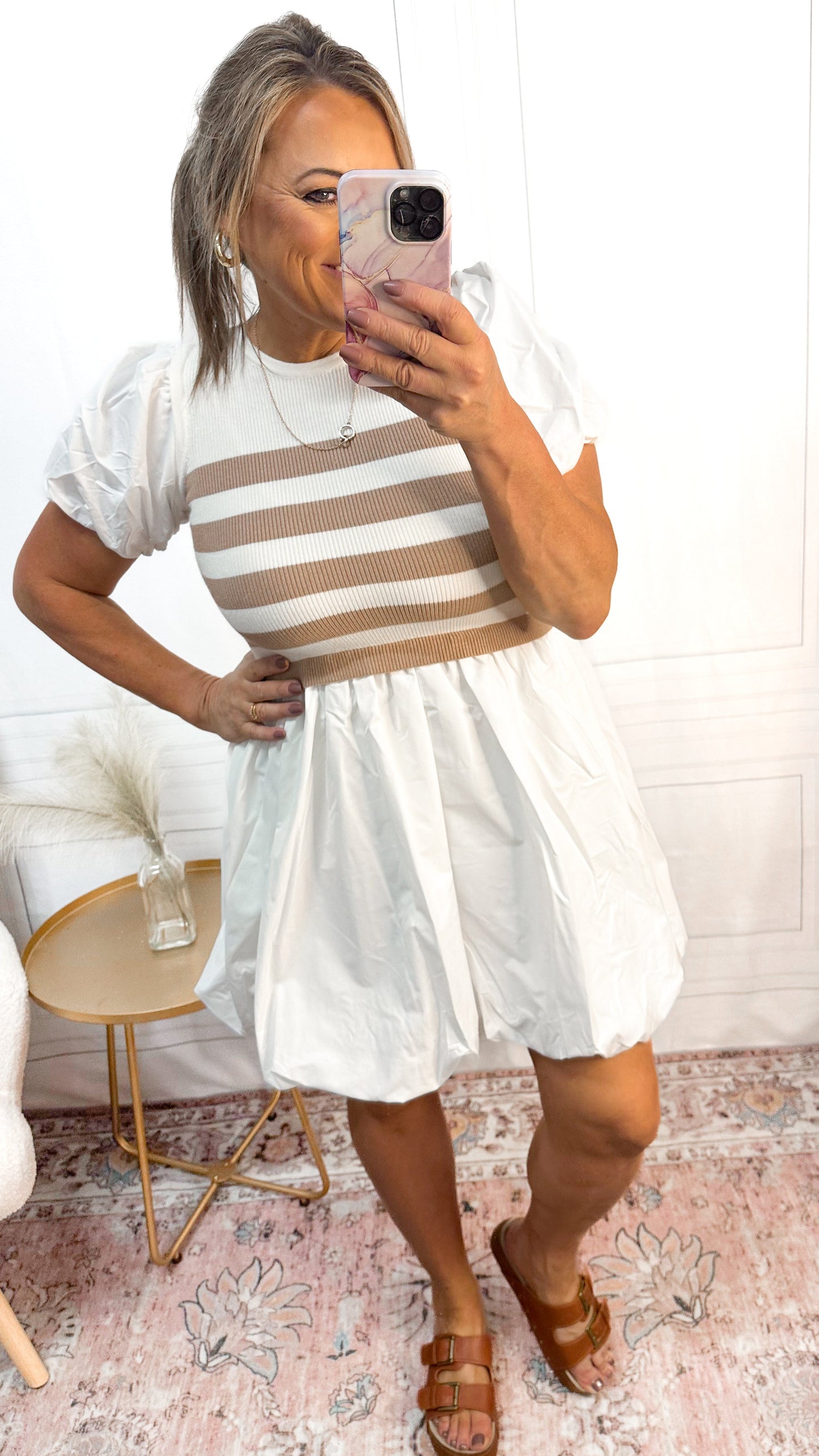 Sweet Cream Stripe Bubble Hem Mini Dress