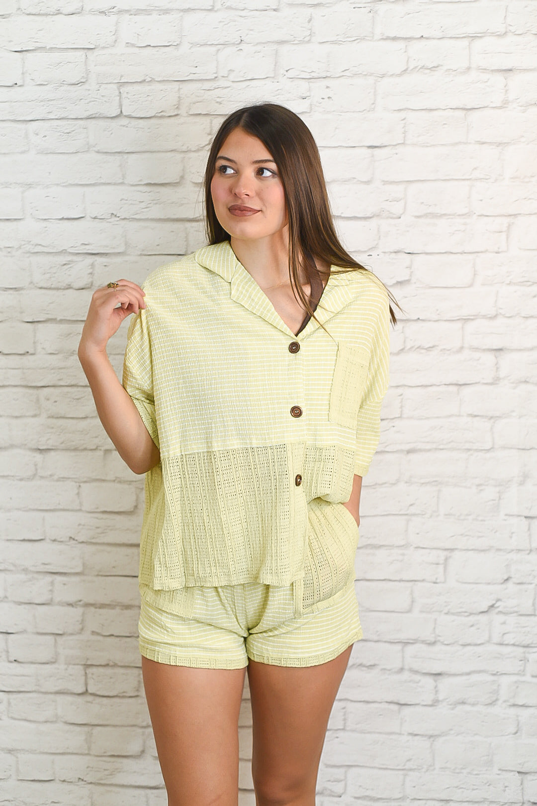Lime Textured Button Front Matching Set