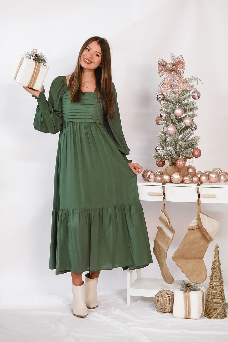 Emerald Grace Pleated Maxi Dress