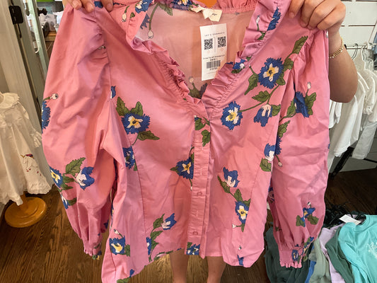 Printed flower top w/ smocked cuff