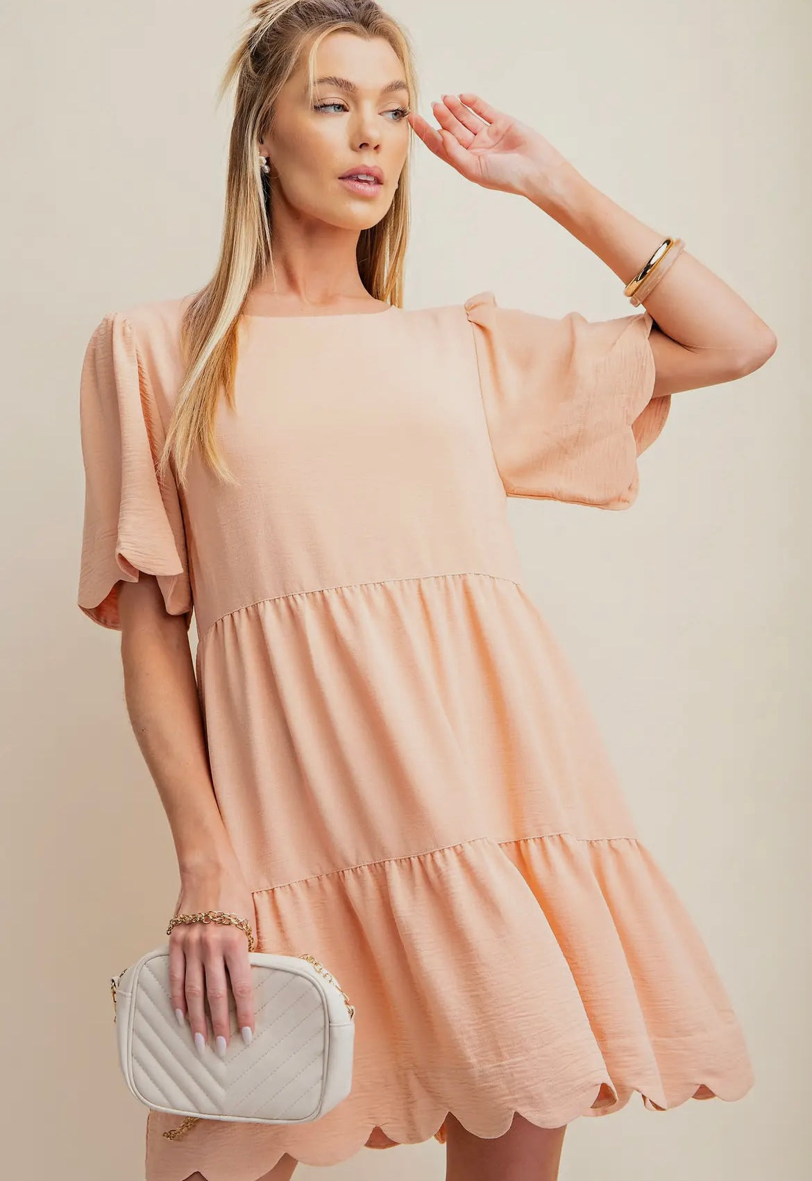 Sweet Linen Effect Babydoll Dress with Puff Sleeves and Back Zipper