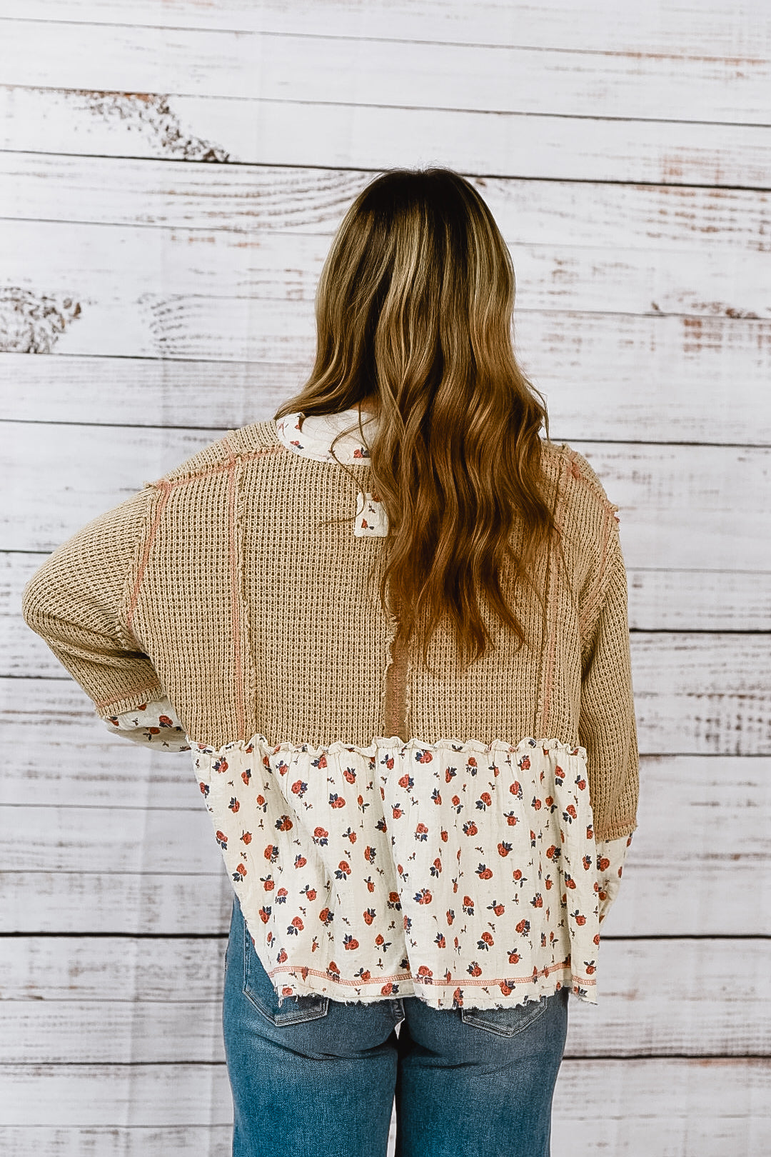 New Beginnings Tan And Ivory Floral Top