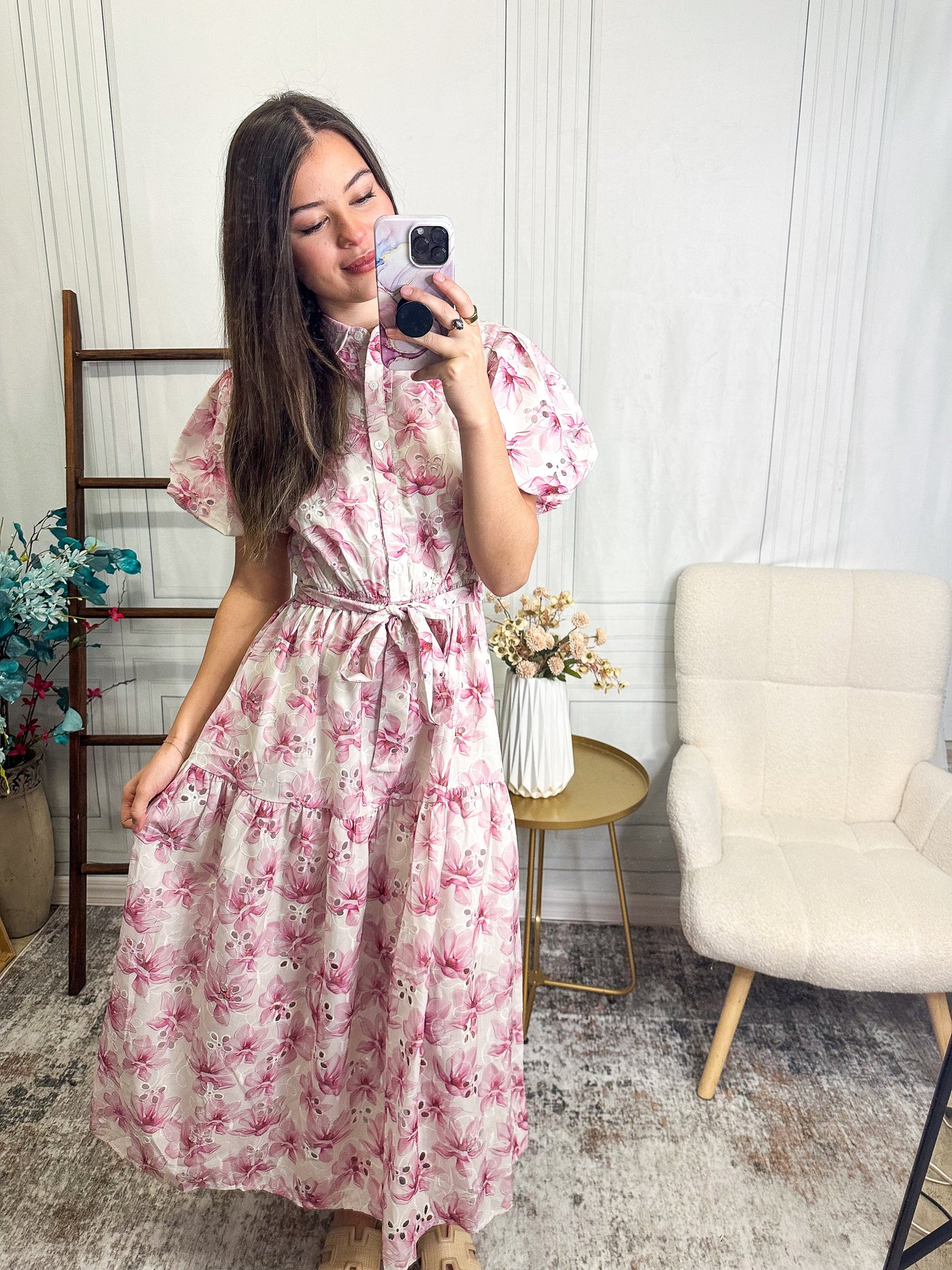 Blushing Garden Tie Waist Floral Midi Dress