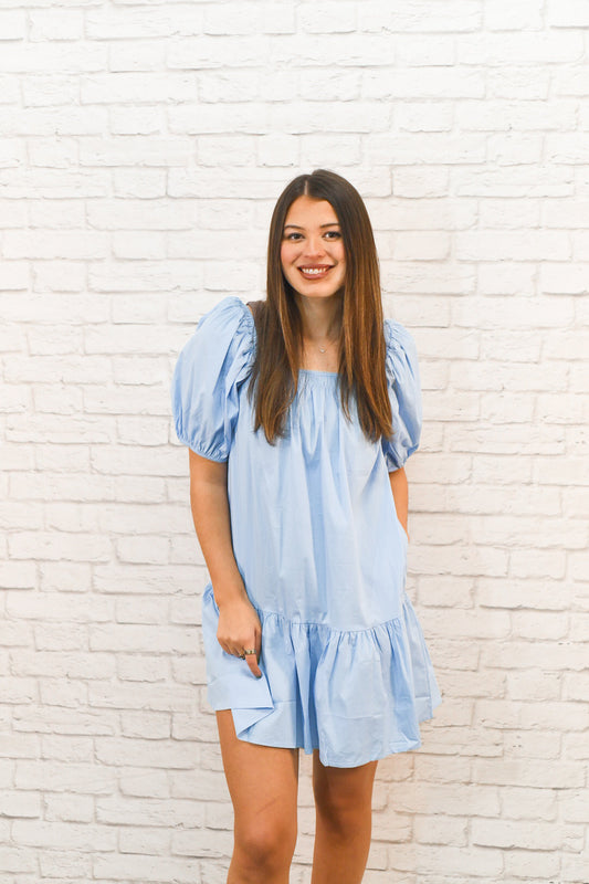 Blue Skies Off-the-Shoulder Puff Sleeve Dress