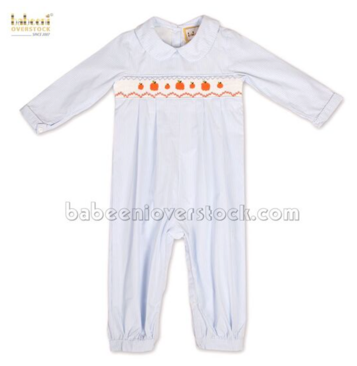 Thanksgiving pumpkin smocked boy bubble baby blue stripe