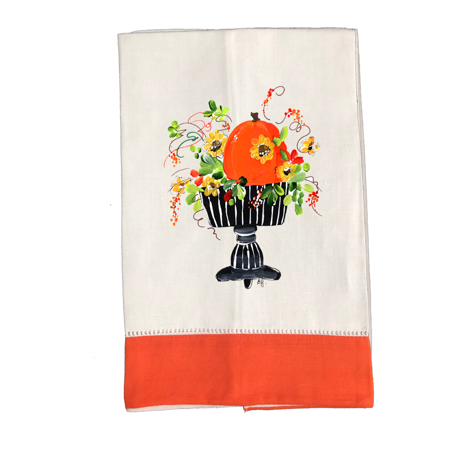 Tea Towel Fall 760 Pumpkin Flowers in Black Stripe Stand O