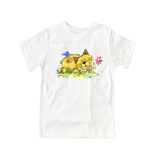 Cotton Tee Shirt Short Sleeve 1058 Yellow Cat w-Bird