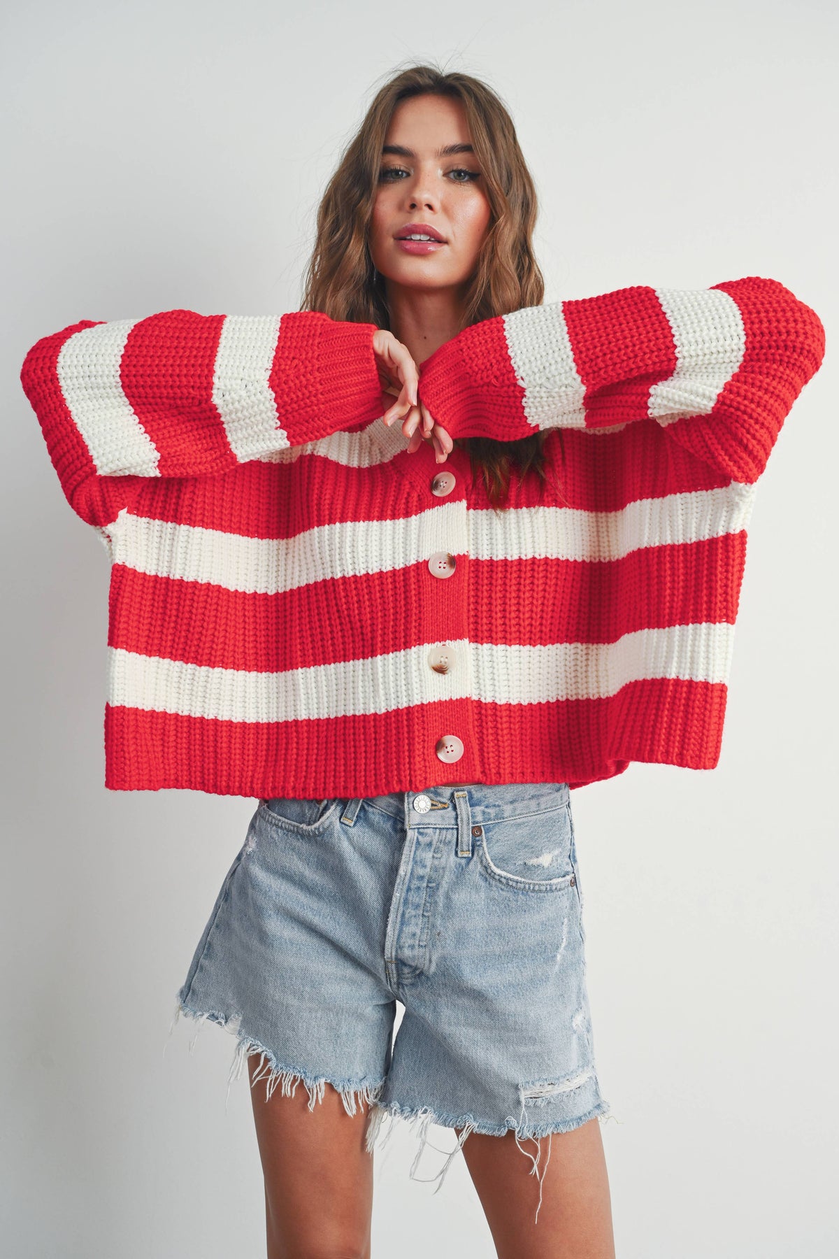 Striped V-Neck Cardigan with Buttons