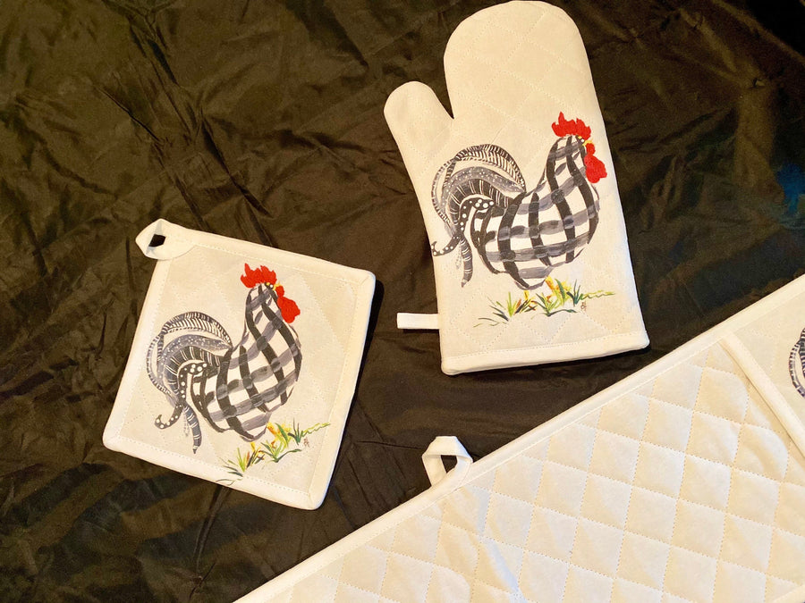 Oven Mitt Set Black Rooster/Choose your Design!